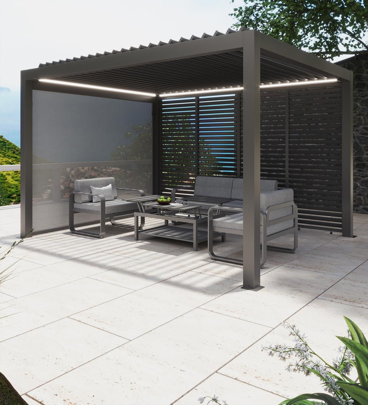 Commercial outdoor patio combining pergola and retractable roof